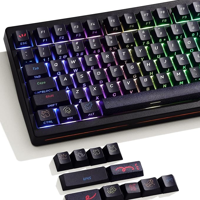 Womier Shine Through Keycaps Black Graffiti Cute PBT Keycaps 60 65 75 100 Percent, Cherry Profile Dye-Sublimation Custom Key caps Set for Cherry Gateron MX Switches Mechanical Keyboard-Black