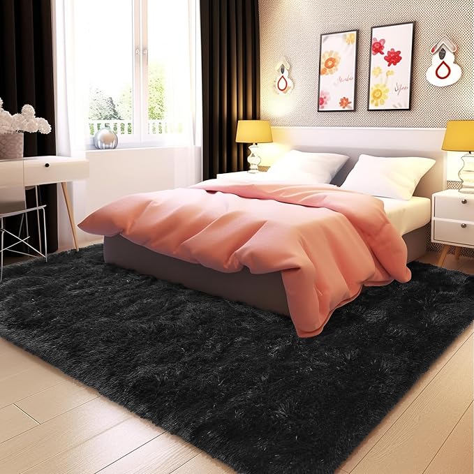 Awaytail Fluffy Rug Lightweight 6x9 Feet, Black Cool Rugs for Bedroom Non Slip, Soft Fuzzy Aesthetic Rugs for Bedroom Men