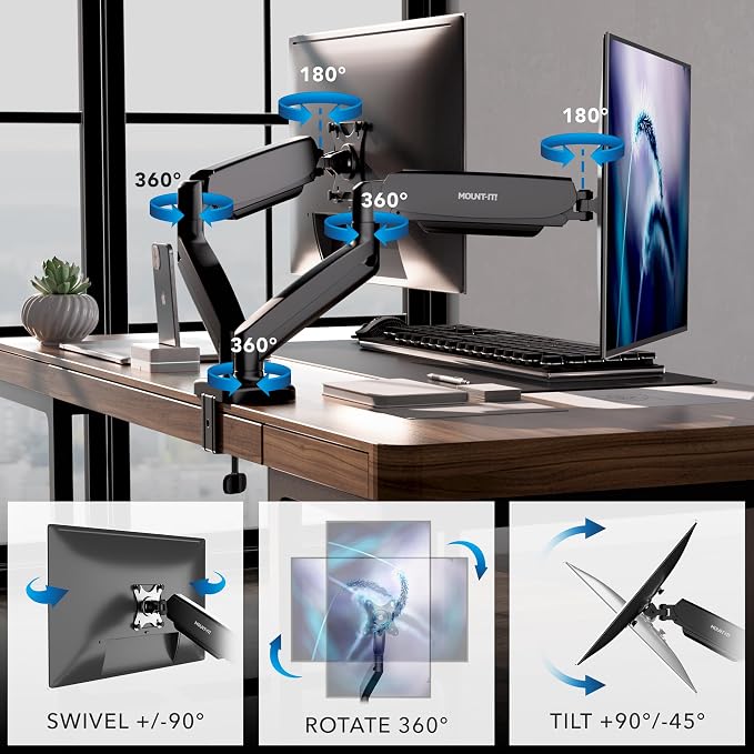 Mount-It! Dual Monitor Desk Mount, Two Independent Gas Spring Arms, Fits 13-32" Screens up to 17.6 lbs Each, VESA 75x75 & 100x100, Full Motion Tilt Swivel Rotate, C-Clamp & Grommet Base