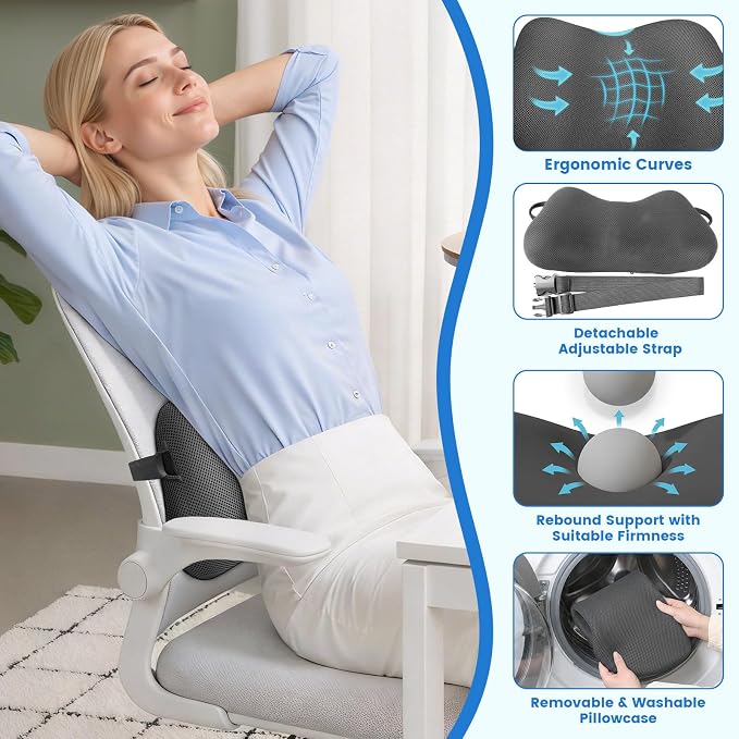 Lumbar Support Pillow for Office Chair, Memory Foam Lower Back Support, Ergonomic Lumbar Pillow with Adjustable Strap, Breathable Cover (Grey)