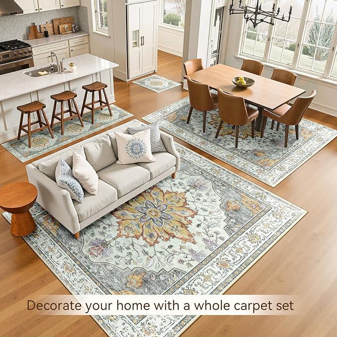 RELEANY Area Rugs 6'x9' Washable Non-Slip, Floral Vintage Distress Medallion Carpet for Living Room Bedroom Dining Room, Beige Carbon Grey Orange