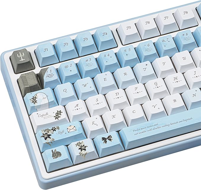 PBT keycap Set 145 Keys Cherry Profile, Blue White Lily Themed Aesthetic Keycaps Custom Dye-Sub Keyboard Keycaps for 60% 65% 70% 75% Cherry Gateron MX Switches Mechanical Keyboards