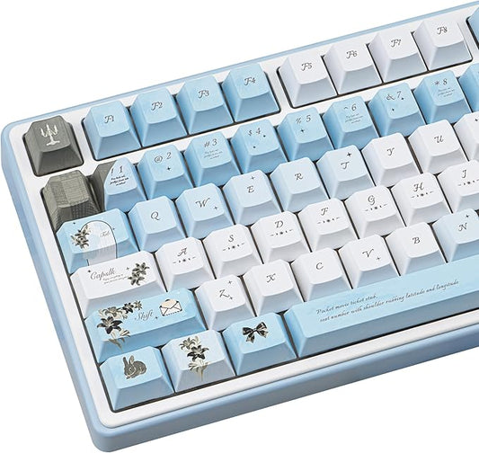 PBT keycap Set 145 Keys Cherry Profile, Blue White Lily Themed Aesthetic Keycaps Custom Dye-Sub Keyboard Keycaps for 60% 65% 70% 75% Cherry Gateron MX Switches Mechanical Keyboards