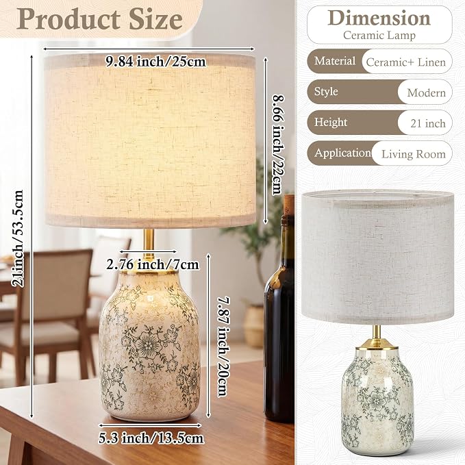 Tellingyou 1 Pcs 21" Farmhouse Green Ceramic Lamp with Beige Linen Shade Vintage Table Lamp Ice Cracked Chrysanthemum Floral for Bedroom Living Room Office Dorm Desk Table Rocker, Bulbs Not Included