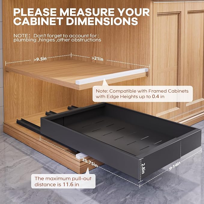 Seinloes 2 Pack Expandable Pull Out Cabinet Organizer 21" Deep with Raising Pad for Framed Cabinets,Upgrade 3 Slide Rails Slide Out Drawers,Roll Out Shelves Adhesive,Adjustable Width 9"-14.1" Black