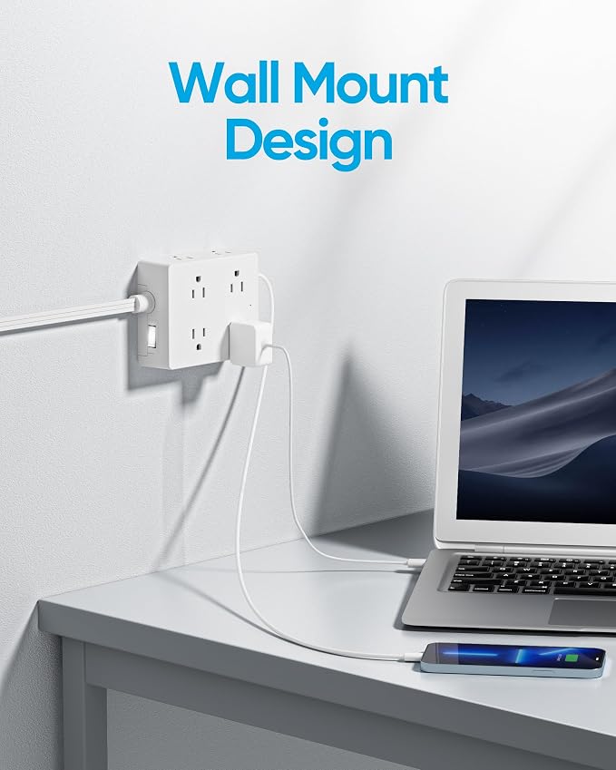 Olcorife Flat Plug Power Strip with 5 FT Extension Cord, 8 Outlets 4 USB Ports(1 USB C), 3 Sided Outlet Extender for Home Office Travel Dorm Room Essentials, White