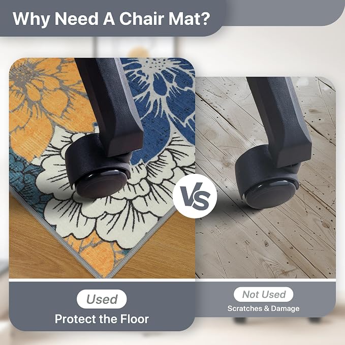 36"x48" Office Chair Mat for Hardwood Tile Floor, Under Desk Carpet Protector for Rolling Computer Chair Mat, Machine Washable Area Rug, Anti-Slip 1/5" Thick Low Pile Thin Vinyl Floor Mat, Navy Yellow