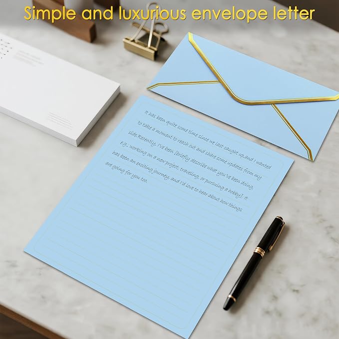 J6&H6 Gold Thread Stationary Paper and Envelopes Set Including 12 Standard Sized Phnom Penh Envelopes and 24 Sheets of Lined Paper Suitable for Daily Emotional Expression Formal (Lake Blue)