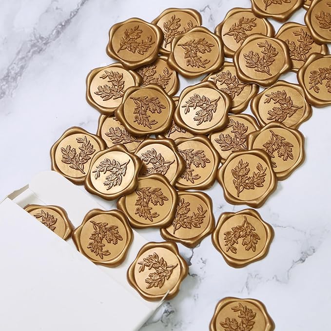 UNIQOOO Wax Seal Stickers - Eucalyptus Wedding Invitation Envelope Seal Stickers, 100 Pcs Self- Adhesive Antique Gold Stickers, Perfect for Invitation, Christmas, Gift Wrapping, Party