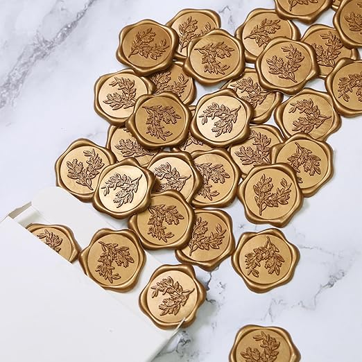 UNIQOOO Wax Seal Stickers - Eucalyptus Wedding Invitation Envelope Seal Stickers, 50 Pcs Self- Adhesive Antique Gold Stickers, Perfect for Invitation, Christmas, Gift Wrapping, Party