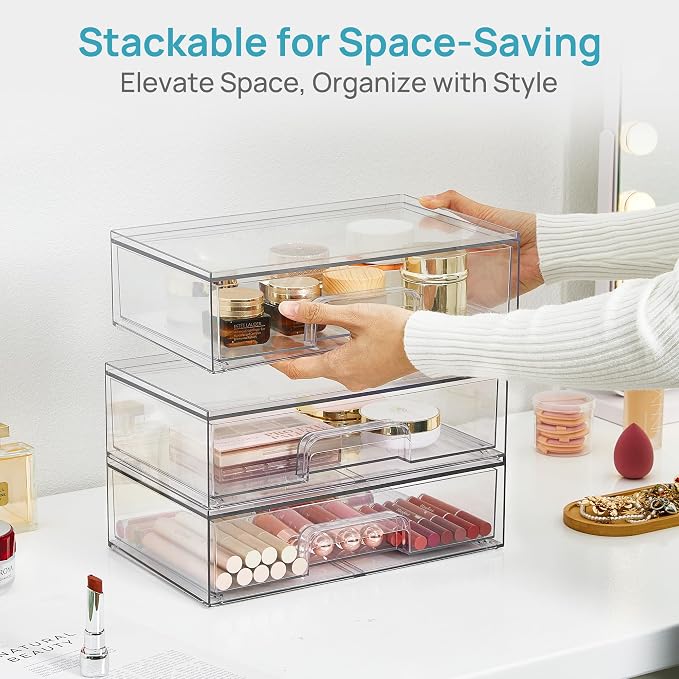 Vtopmart Clear Stackable Storage Drawers, 4 Pack Wide Plastic Organizers | Clear Pull-Out Plastic Drawers, Stackable Design for Makeup Palettes, Cosmetics, Beauty Supplies, Vanity, Cabinet and Desk
