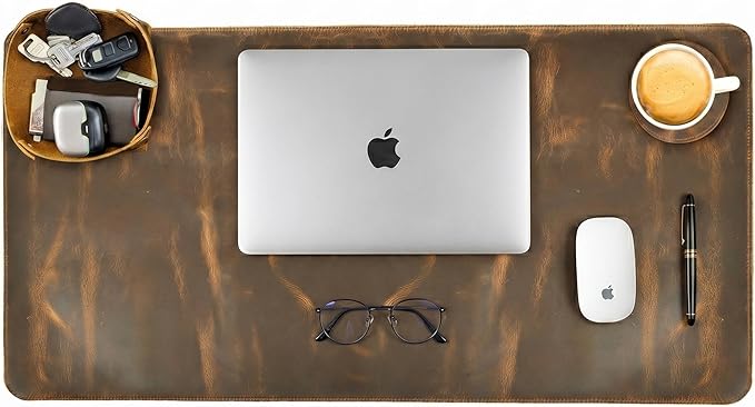 LEATHER VILLAGE Real Leather Desk Pad (3mm) Thick Double Layer Desk Mat Cover Blotter Large Full Grain Protector for Keyboard, Mouse & Laptop – Office Table Mat & Desktop Accessories–(32''x16'')-Brown