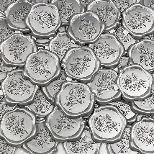 50 Pcs Silvery Wax Seal Stickers - Rose Style, Self Adhesive Wax Seal for Wedding Invitation, Easy Use Good Adhesion, Silvery Rose Envelope Stickers Perfect for Invitation or Seating Chart