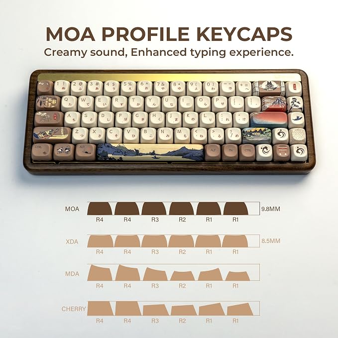 OHY XVX MOA Profile Japanese Fuji Mountain Theme PBT Keycaps Set, 140-Key Coffee & Cream Custom Keycaps for US Layout Mechanical Keyboards (Brown/Beige Design with Key Puller)