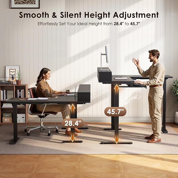 OffiGo 59 Inch L Shaped Electric Standing Desk with Drawers, Height Adjustable Corner Computer Desk with Keyboard Tray & Monitor Stand, Stand Up Table for Home Office Workstation, Black