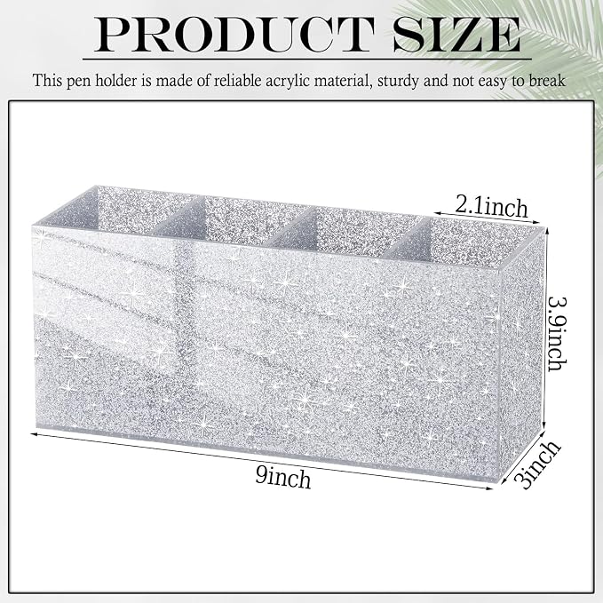Jetec Acrylic Glitter Pen Holder 4 Compartments Bling Makeup Brush Stationery Organizer Pencil Holder for Desk Accessories Sparkly Gifts for Women Birthday Valentines Desktop Workplace Office(Sliver)