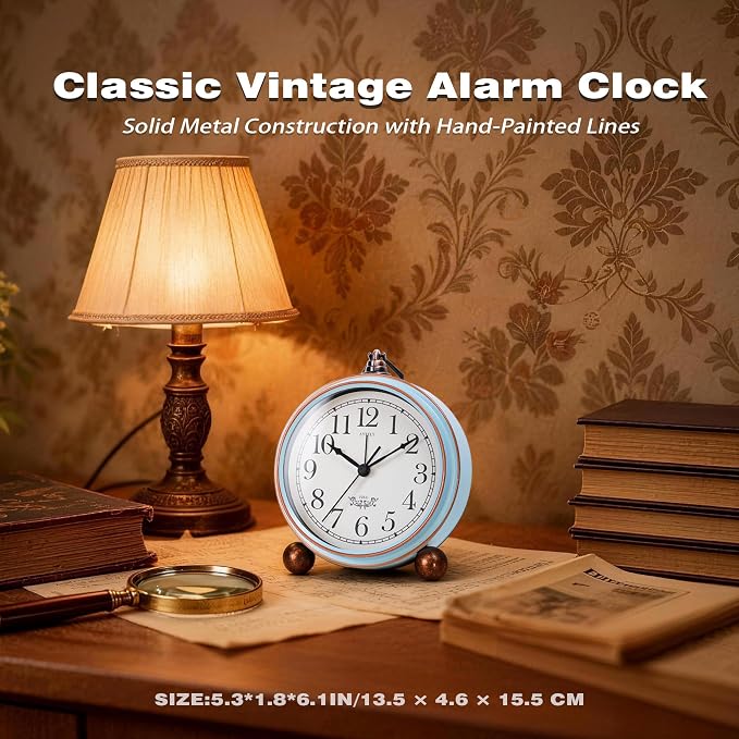 AYRELY® 5.3" Vintage Metal Analog Alarm Clock, Retro Desk and Table Clock | Antique Battery Operated Clock with Light, Elegant Bedside Gift for Bedrooms, Living Rooms, Shellf and Home Decor(Light Blue)