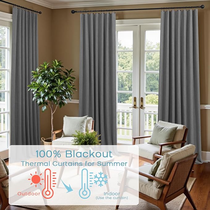 KOUFALL Black Out Curtains 54 Inch Long Back Tab Linen Blackout Short Window Curtains for Bedroom