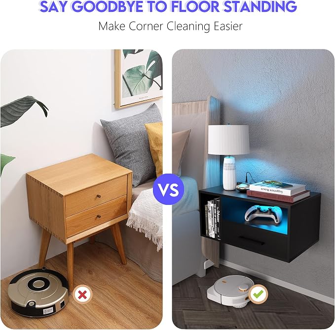 Homaterial Floating Nightstand with Charging Station and LED Lights, Floating Bedside Table with Drawers Wall Mounted Nightstands,for Bedroom Room, 21.3" x 11.8" x 10",Black