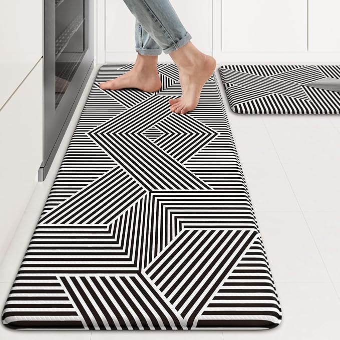 KIMODE Anti Fatigue Kitchen Mats, Padded Kitchen Floor Mats 17"x47"+17"x29" | Geometric Kitchen Rugs Sets of 2, Black White Rugs for Kitchen Floor, Cushioned Standing Mat for Laundry Office Sink Desk