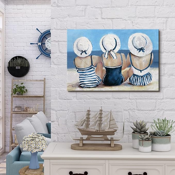 Coastal Beach Wall Art Bathroom Wall Decor Nautical Theme Picture Teen Girls Bedroom Decor Retro Vintage Blue Ocean Poster Swimsuit Girl Painting Beauty Room Artwork Beachy Home Decorations 12x16”