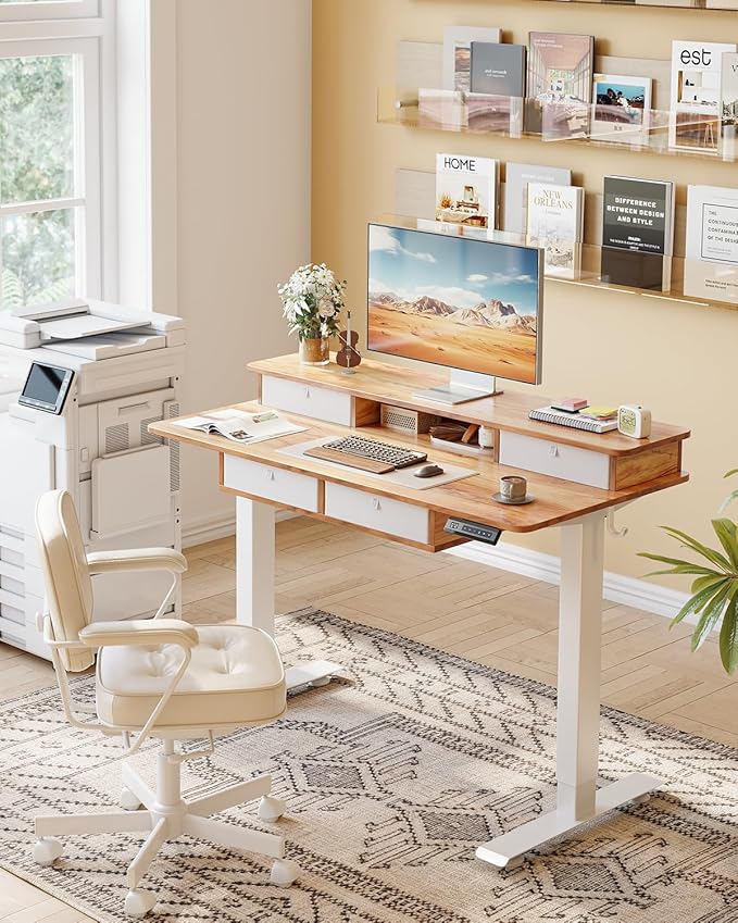 CubiCubi 48" x 24" Standing Desk with Drawers, Height Adjustable Electric Workstation, Computer Sit Stand Up Table with Large Storage Shelf 4 Drawers and 2 Hooks, Light Rustic Brown