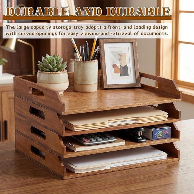 4 Pcs Stackable Paper Tray Bamboo Wood Desk Organizer Letter Tray 4 Tier Wooden File Organizer Desk Shelf for Documents, Letter Sorter, Envelopes and Magazine Holder