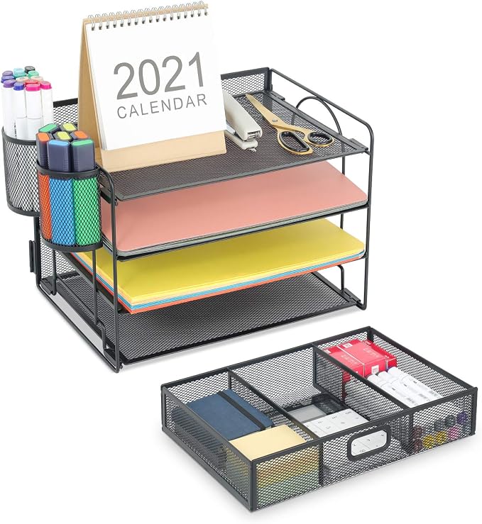 Marbrasse Desk Organizer, 4-Tier Paper File Letter Tray, Black | Sturdy Paper Tray, File Holder, Built-in Drawer, 2 Pen Slots, fits Letters/Files, for School Home Office Supplies