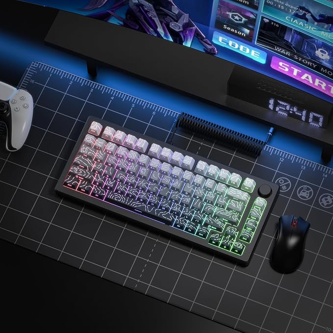 dagaladoo White/Grey Topographic keycap Sets Line Backlit Gradient keycaps Shine Through Keyboard Keys Side Printed Key caps Cherry Profile for 61/64/66/68/71/75/84/87 Mechanical Keyboards