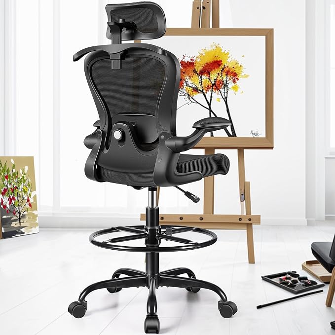 AtHope Drafting Chair, Tall Office Chair with 3D Lumbar & Head Support | Ergonomic Mesh Standing Desk Chair with Footrest Ring, Comfy Extended High Desk Chair with Flip-Up Arms & Hanger, Black