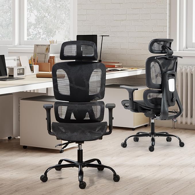 ECOTOUGE Black Ergonomic Mesh High Back Office Chair | Lumbar Support, Adjustable Headrest, 3D Armrests, Reclining, Breathable Mesh, Sturdy Base, 360° Swivel, for Office, Gaming