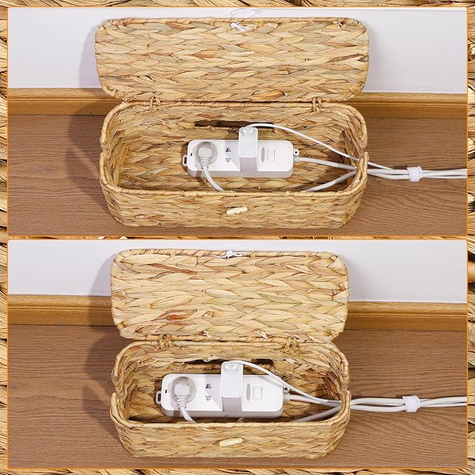 2 Pack Wicker Cable Management Box with Lid, Rattan Cord Organizer Cable Hider Storage Box with 2 Open Slots for Home Office Desk Cord Hider Computer TV Wires USB Hub