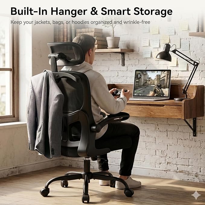 AreShark Office Chair-Ergonomic Desk Chair with Hidden Hanger & Flip-Up Arms, High Back Mesh Computer Chair with 2D Headrest & Adjustable Lumbar, Comfy Rolling Task Chair for Home Work Gaming, Black