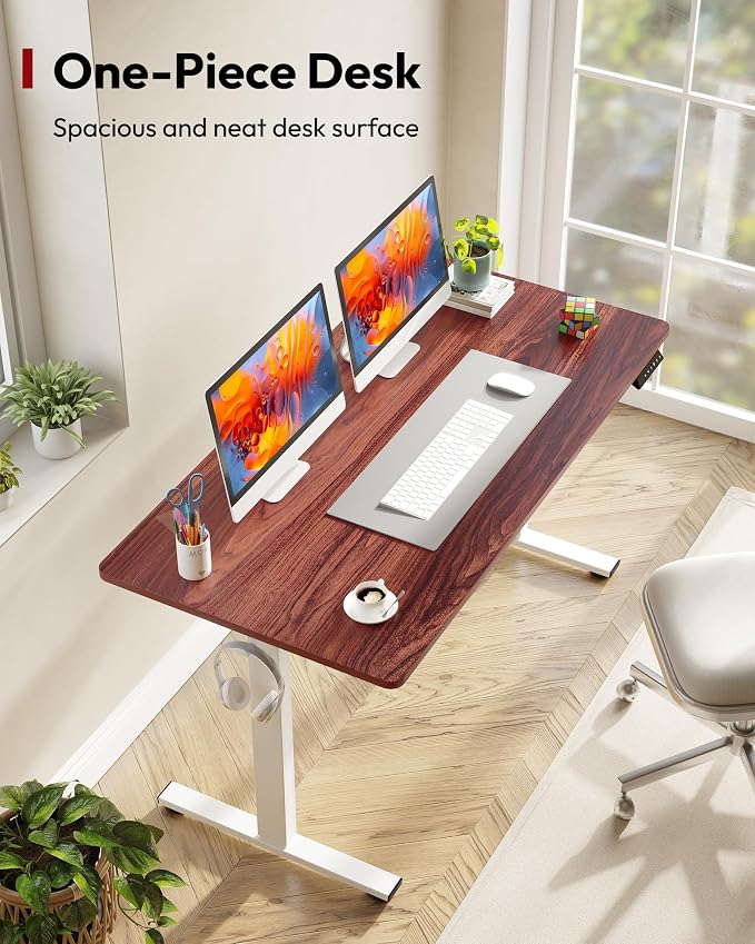 SANODESK One-Piece Electric Standing Desk, Seamless 55 x 28'' Ergonomic Height Adjustable Sit Stand Desk with Memory Presets for Home Office Computer Workstation, White Frame/Mahogany Top