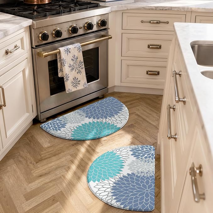 KIMODE Half Circle Anti Fatigue Mats for Kitchen Floor Kitchen Mats 2PCS | 18"x28+18"x28",Blue,Dahlia Floral Boho,Kitchen Rug Sets of 2,Non Slip,Waterproof,for Sink Office Laundry Bathroom Decor