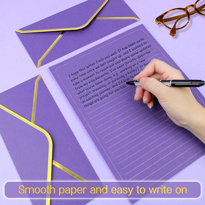 J6&H6 Gold Thread Stationary Paper and Envelopes Set Including 12 Standard Sized Phnom Penh Envelopes and 24 Sheets of Lined Paper Suitable for Daily Emotional Expression Formal Communication(purple)