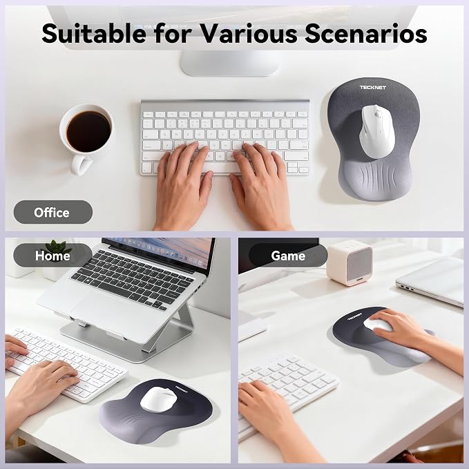 TECKNET Ergonomic Mouse Pad with Wrist Rest, Memory Foam Mousepad with Wrist Support, Smooth Surface, Middle Concave & Non-Slip Base for Laptop/PC, Pain Relief for Home Office Gaming, Gray
