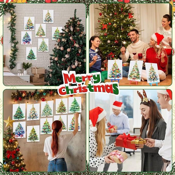 Blosssound 10 Set Pre Printed Canvas Pre Drawn Canvas Painting with Easel Kits 5" x 7" Outline Painting Panels for Beginners, DIY Craft Project, Party Favor, Home Decors (Christmas Tree)