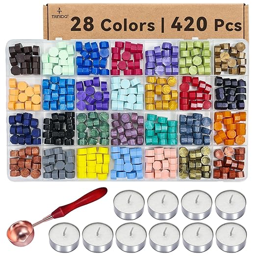 TRINIDa Wax Seal Kit - 420 Pcs in 28 Colors, Eco-Friendly Fast Melting Sealing Wax, Smokeless & Bubble-Free Wax Seal Beads with Melting Spoon & 10 Tea Lights for Wedding Invitations & Envelopes