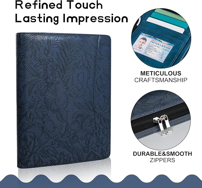 Dark Blue Embossed Portfolio Binder,Padfolio for Men and Women,Vegan PU Leather Padfolio with Zipper,A4 Planner Folder with Laptop Pocket, WorkBinder Organizer for Resume/Interview