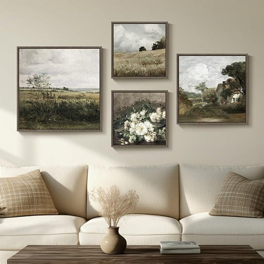 4 Piece Framed Vintage Landscape Wall Art for Living Room, Large Rustic Farmhouse Canvas Pictures Artwork for Walls, French Country Botanical Prints Paintings for Bedroom and Dining Room Wall Decor