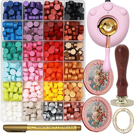 Frame Wax Stamp Kit, Electric Wax Seal Warmer Set with 624Pcs Sealing Waxs Beads, 3D Embossed Frame Relief Carve Stamps Waxing, Gold Pen, Tweezer (Set03)
