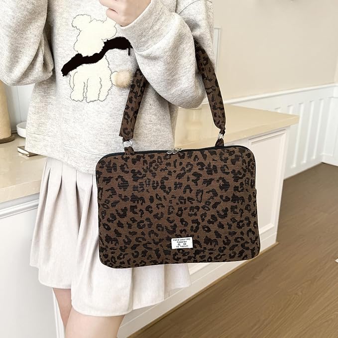 Leopard Print Laptop Case 11, 13,15 Inch Quilted Laptop Sleeve Soft Protective Cheetah Computer Sleeve for MacBook (Coffee, with Strap, 13 Inch)