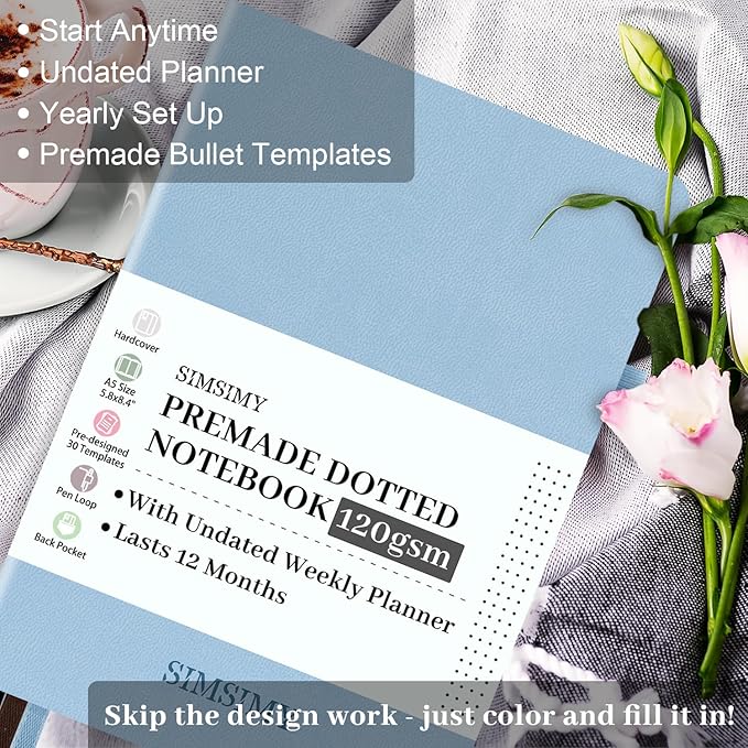 Premade Dotted Journal Notebook with Bullet Templates, Pre-made Dot Grid Journaling with Undated Weekly & Monthly Planner, Various Trackers, Lasts 1 Year, A5