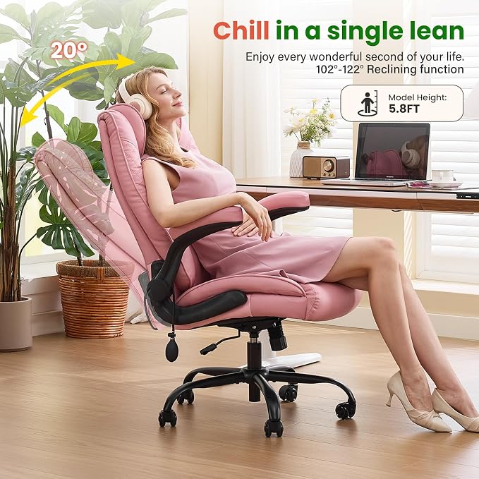 CIOMAN 500lbs Big and Tall Office Chair with Inflatable Lumbar Support, Rubber Wheels Executive Chair with Rocking Function, High Back Wide Cushion Ergonomic Desk Chair for All-Day Sitting,Pink