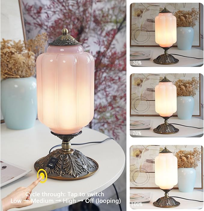 Vintage Touch Bedside Table Lamp, Elegant Green Glass Bedside Desk Lamp 3 Way Dimmable with USB C+A Charging Ports - Bedroom Nightstand & Living Room Essential (Purple;, 6.5)
