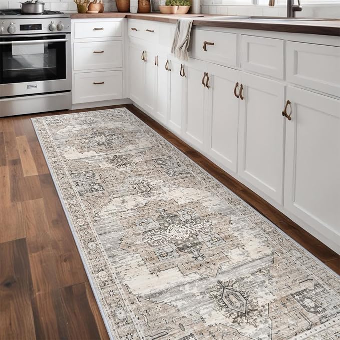 RUUGME Washable Runner Rug 3x10 - Vintage Hallway Carpet Runner for Living Room Kitchen Stain Resistant Rugs Tribal Carpets with Non Slip Backing Floor Decoration Mat for Bedroom Bathroom 3x10 Beige