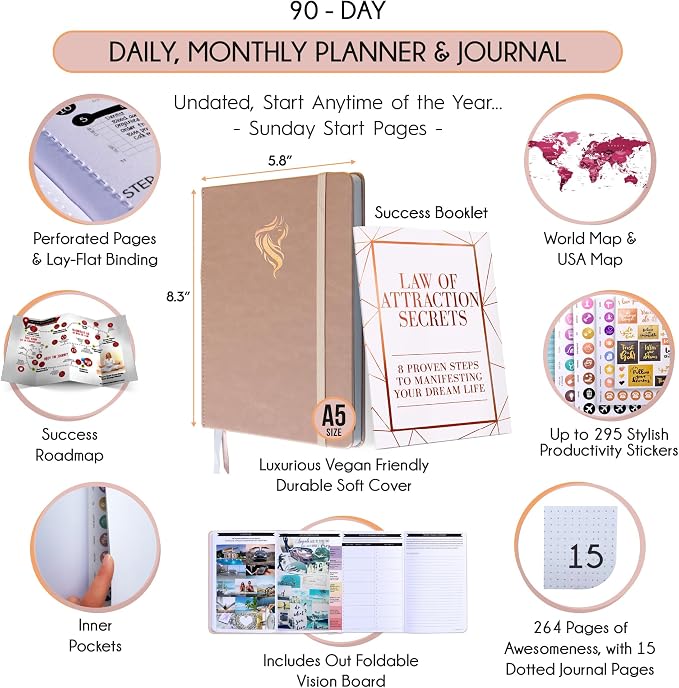 90-Day Goal Planner with Daily Journal, Gratitude & Habit Tracker | Daily Planner, Productivity, Time blocking, Manifestation & Affirmations with Vision Board, Gratitude Journal for Women & Men