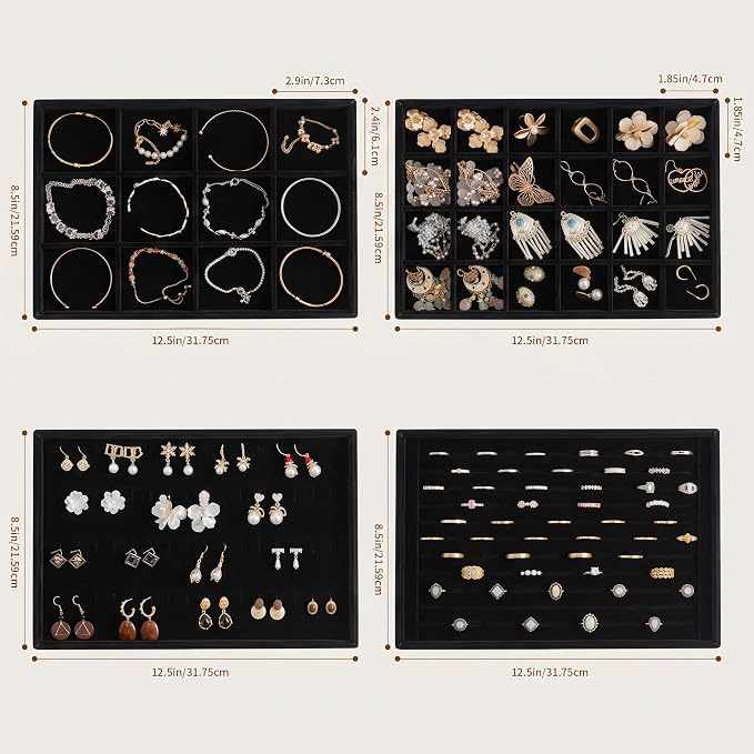 Jewelry Trays for Drawer,Set of 4 Jewelry Organizer and Storage | Velvet Material,Stackable,Adjustable Dividers,Drawer Inserts for Rings Studs Bracelet,Earring Organizer for Women Girls