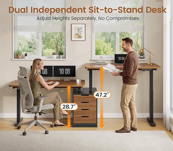 SEDETA Standing Two Person Desk, 94'' Long Computer Desk with 4 Drawers, 2 Power Outlets, CPU Stand, Electric Height Adjustable 2 Person Desk with Cable Management for Home Office, Black+Brown